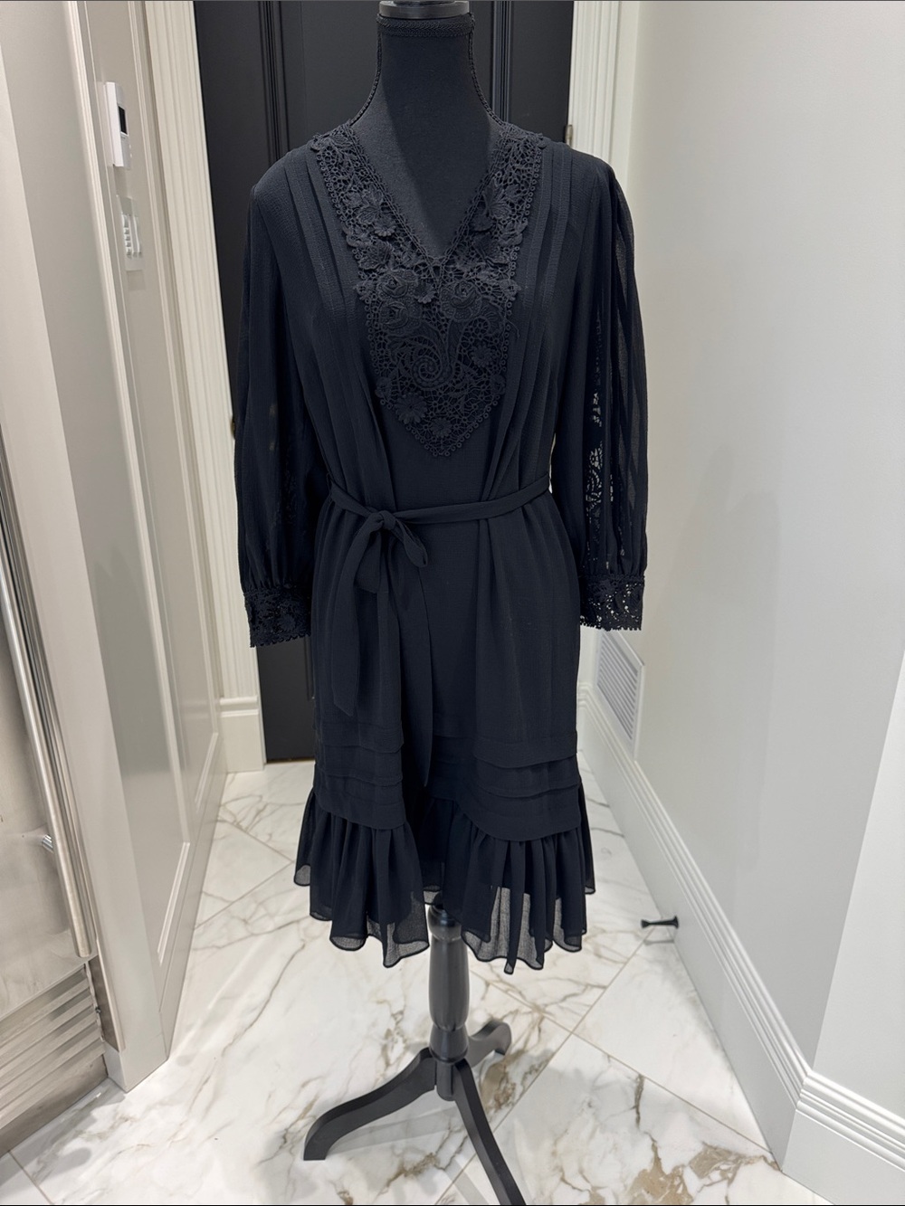 Kobi Halperin Black Lace-Trim Long Sleeve Dress